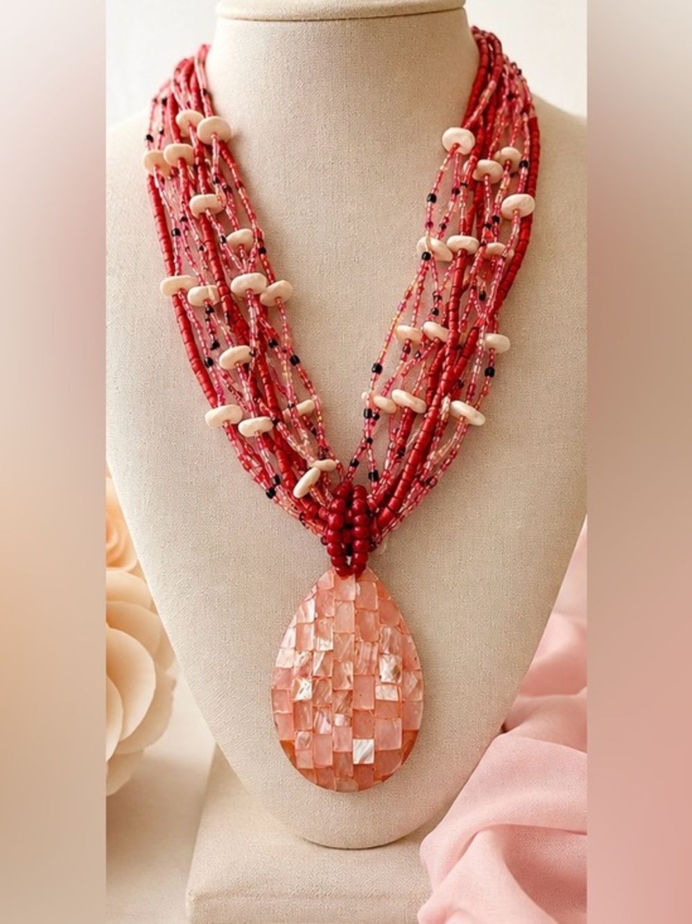 💕Boho Multi-Strand Seed Bead & Mosaic Shell Statement Necklace💕 🐚